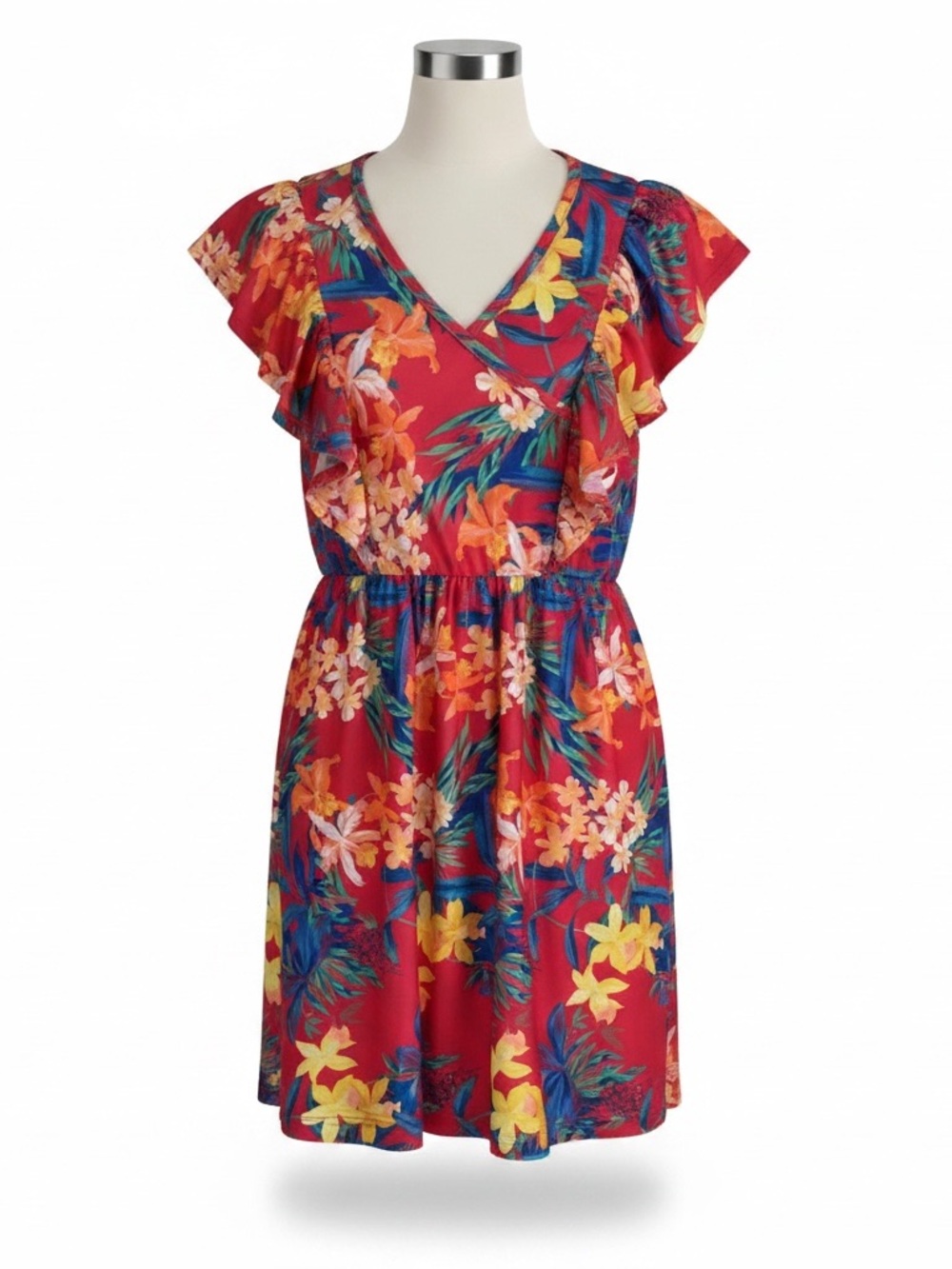 Tommy Bahama Red Floral V-Neck Flutter Sleeve‎ Casual Dress